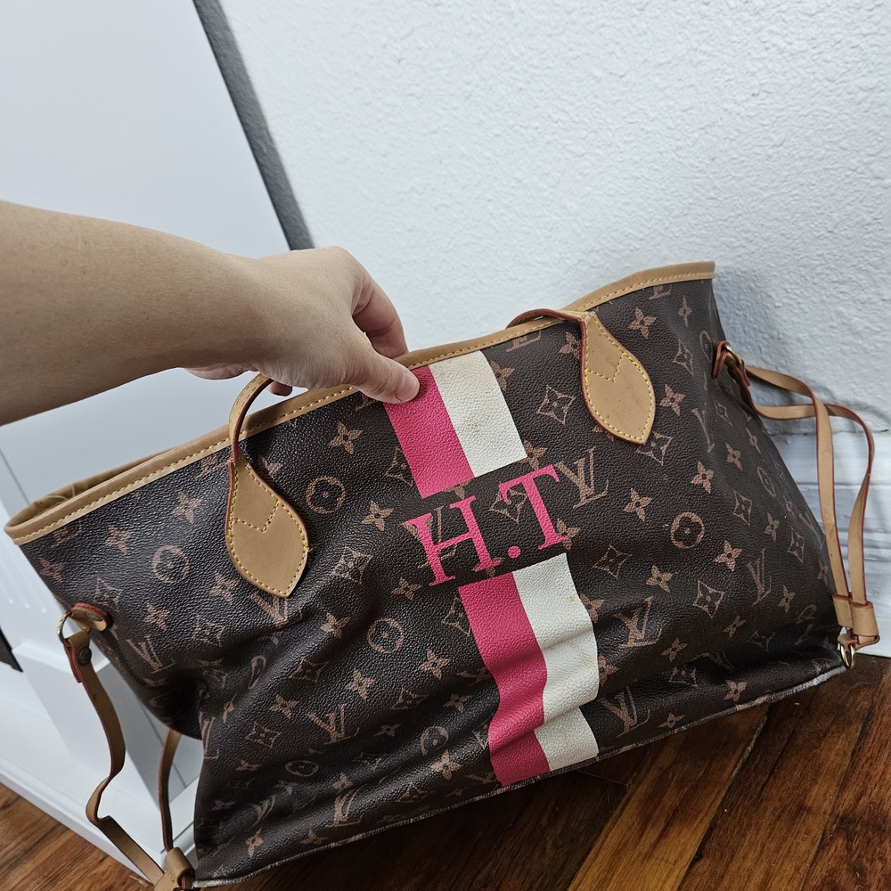 Brown Tote with Pink and White Stripes